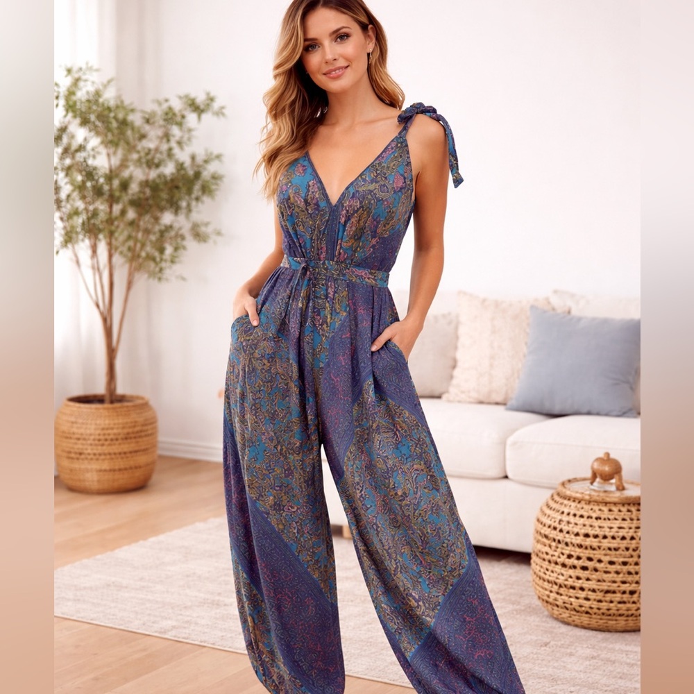 Karma Highway Blue Paisley Women Wide leg Harem Jumpsuit -Dress💕 one size
